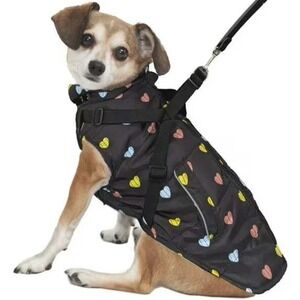 Black Heart Print Dog Puffer Vest Jacket with Built-in Harness Fleece top zip‎